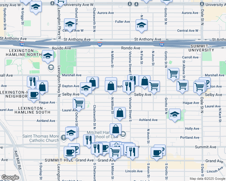 map of restaurants, bars, coffee shops, grocery stores, and more near 935 Dayton Avenue in Saint Paul