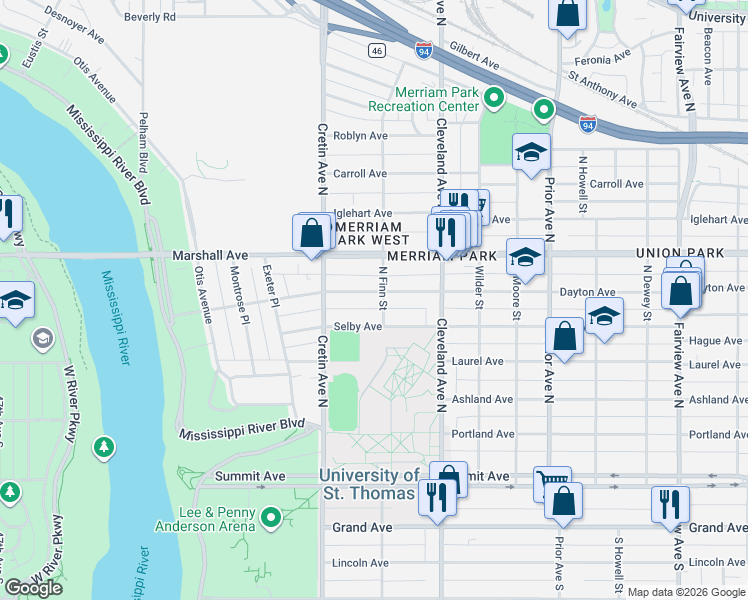 map of restaurants, bars, coffee shops, grocery stores, and more near 2133 West Dayton Avenue in Saint Paul