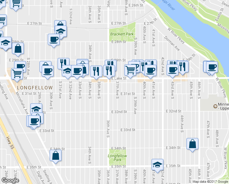 map of restaurants, bars, coffee shops, grocery stores, and more near 3023 37th Avenue South in Minneapolis