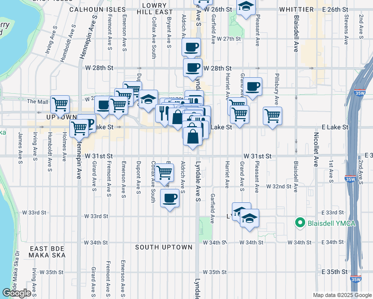 map of restaurants, bars, coffee shops, grocery stores, and more near 3024 Aldrich Avenue South in Minneapolis