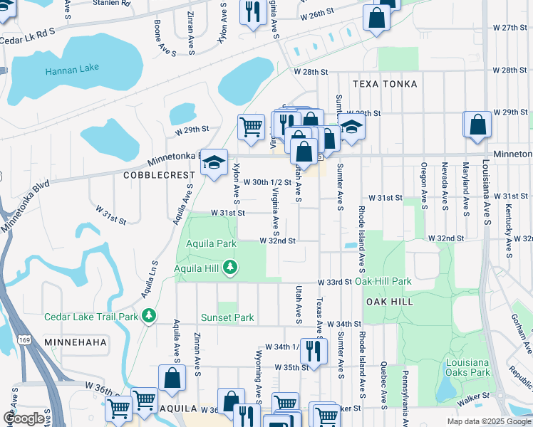 map of restaurants, bars, coffee shops, grocery stores, and more near 3035 Virginia Avenue South in St. Louis Park