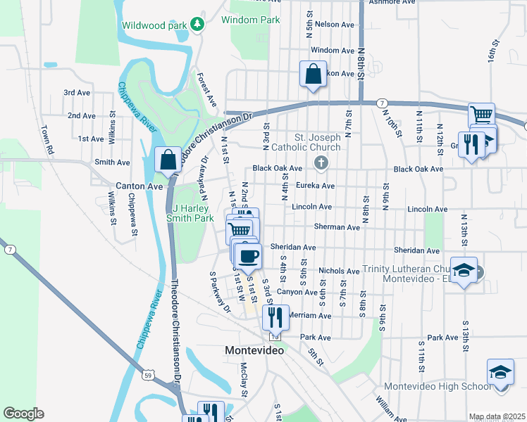 map of restaurants, bars, coffee shops, grocery stores, and more near 219 North 3rd Street in Montevideo