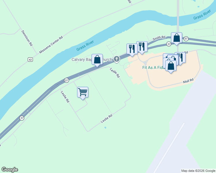 map of restaurants, bars, coffee shops, grocery stores, and more near 224 Highland Road in Massena