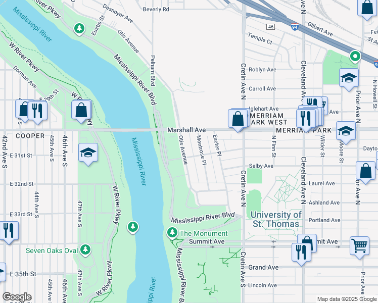 map of restaurants, bars, coffee shops, grocery stores, and more near 184 Otis Avenue in Saint Paul