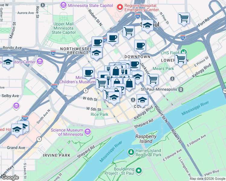 map of restaurants, bars, coffee shops, grocery stores, and more near in Saint Paul