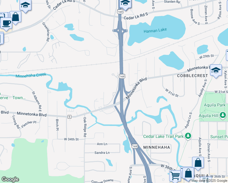 map of restaurants, bars, coffee shops, grocery stores, and more near 9700 Waterstone Place in Minnetonka