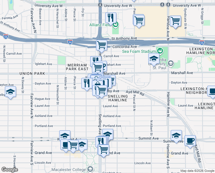 map of restaurants, bars, coffee shops, grocery stores, and more near 1555 Selby Avenue in Saint Paul