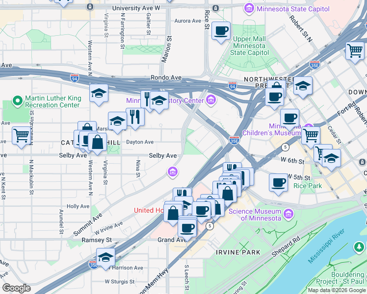 map of restaurants, bars, coffee shops, grocery stores, and more near 194 Summit Ave in St Paul