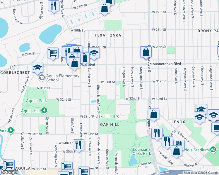 map of restaurants, bars, coffee shops, grocery stores, and more near 3101 Quebec Avenue South in Minneapolis