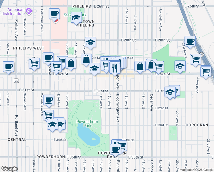 map of restaurants, bars, coffee shops, grocery stores, and more near 3029 South 15th Avenue in Minneapolis