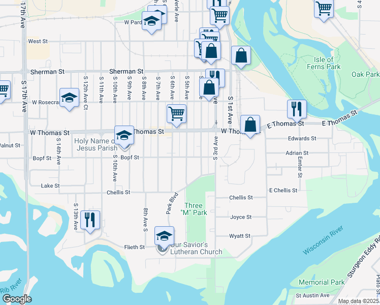 map of restaurants, bars, coffee shops, grocery stores, and more near 1117 South 5th Avenue in Wausau