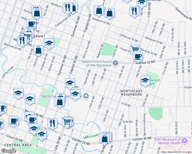 map of restaurants, bars, coffee shops, grocery stores, and more near 1305 Nebraska Avenue Northeast in Salem