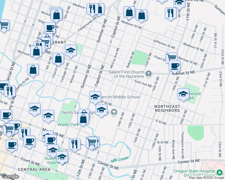 map of restaurants, bars, coffee shops, grocery stores, and more near 1240 Nebraska Avenue Northeast in Salem
