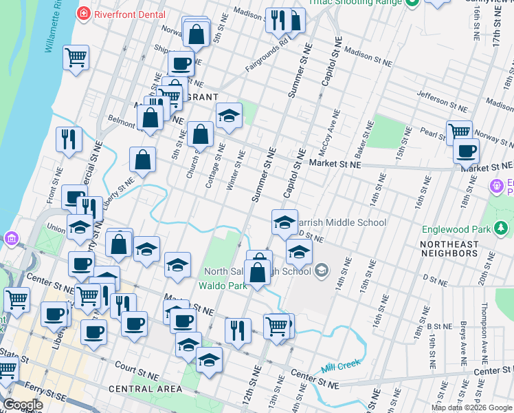 map of restaurants, bars, coffee shops, grocery stores, and more near 994 Summer Street Northeast in Salem