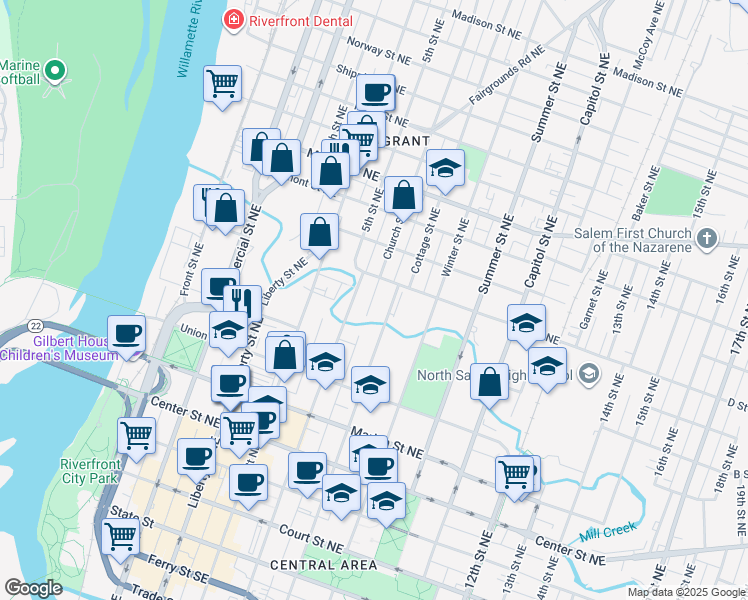 map of restaurants, bars, coffee shops, grocery stores, and more near 895 Cottage Street Northeast in Salem