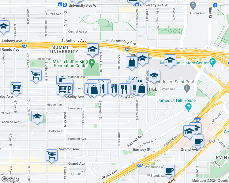 map of restaurants, bars, coffee shops, grocery stores, and more near 469 Dayton Avenue in Saint Paul