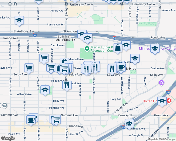 map of restaurants, bars, coffee shops, grocery stores, and more near 541 Dayton Avenue in Saint Paul