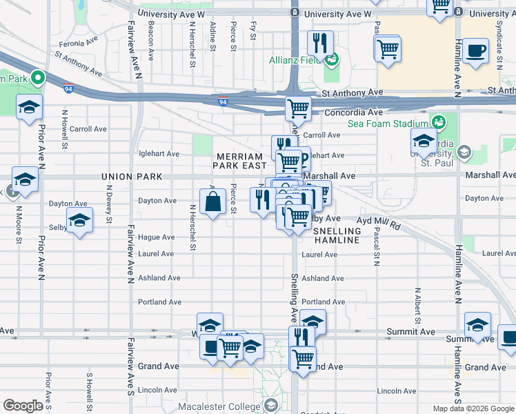 map of restaurants, bars, coffee shops, grocery stores, and more near 1631 West Dayton Avenue in Saint Paul