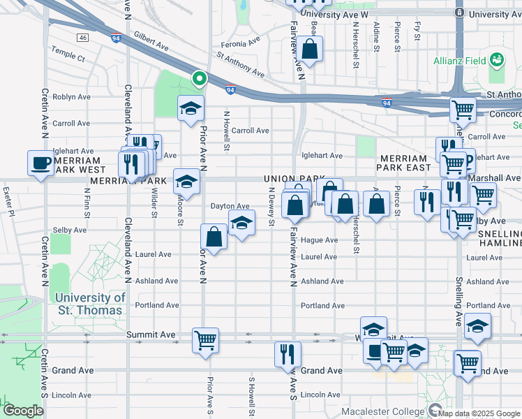 map of restaurants, bars, coffee shops, grocery stores, and more near 1845 Dayton Avenue in Saint Paul