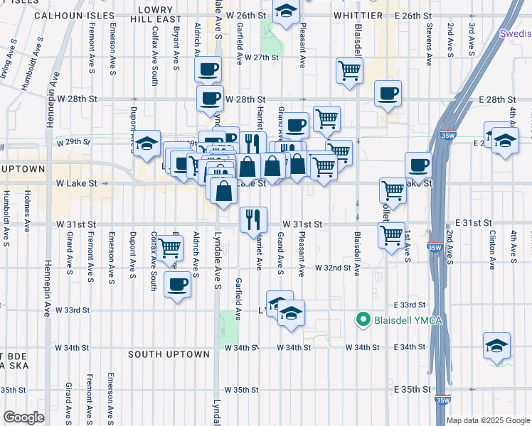 map of restaurants, bars, coffee shops, grocery stores, and more near 3023 Harriet Avenue in Minneapolis