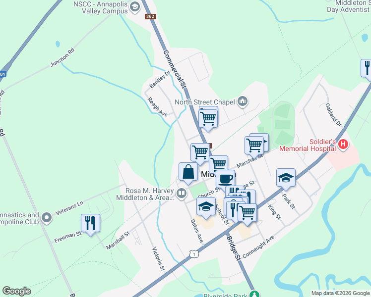 map of restaurants, bars, coffee shops, grocery stores, and more near 77 School Street in Middleton