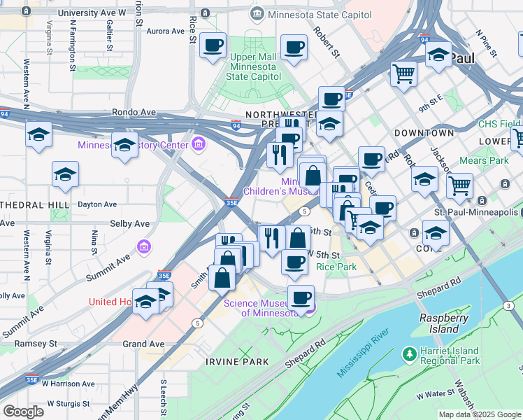 map of restaurants, bars, coffee shops, grocery stores, and more near 424 Dorothy Day Place in Saint Paul