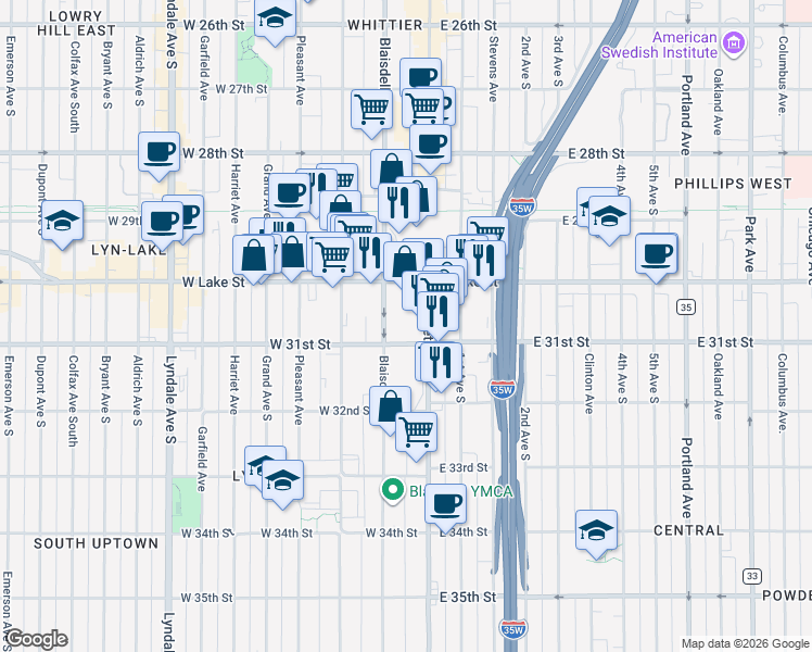 map of restaurants, bars, coffee shops, grocery stores, and more near 3030 Nicollet Avenue in Minneapolis