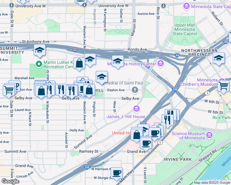 map of restaurants, bars, coffee shops, grocery stores, and more near 280 Dayton Ave in St Paul