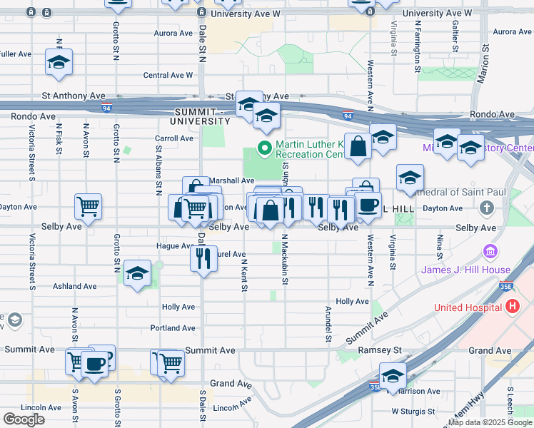 map of restaurants, bars, coffee shops, grocery stores, and more near 524 Dayton Avenue in Saint Paul