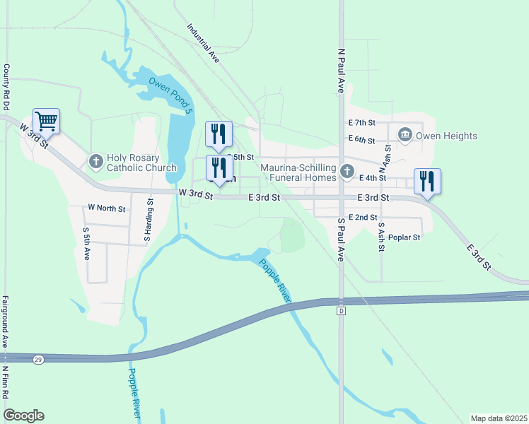 map of restaurants, bars, coffee shops, grocery stores, and more near 331 East 3rd Street in Owen