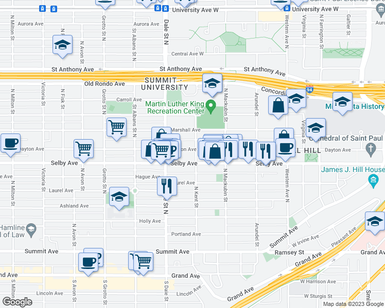 map of restaurants, bars, coffee shops, grocery stores, and more near 197 Kent St in St Paul