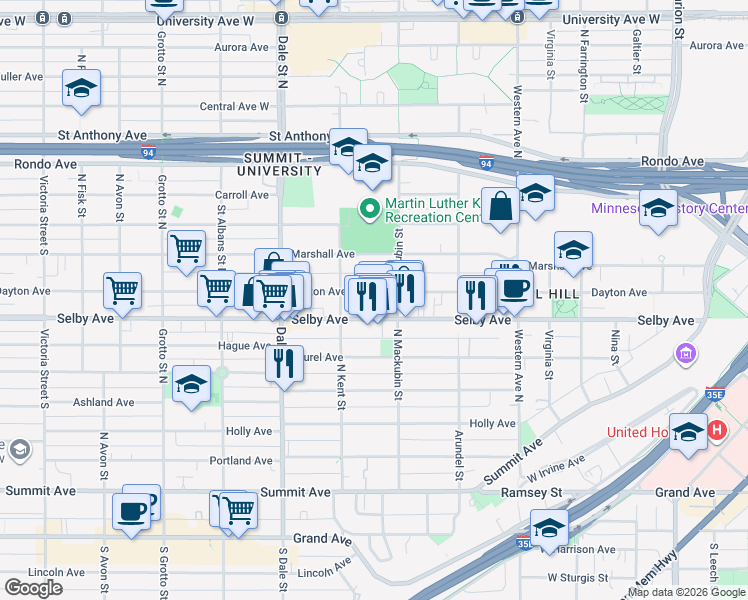 map of restaurants, bars, coffee shops, grocery stores, and more near 541 Dayton Avenue in Saint Paul