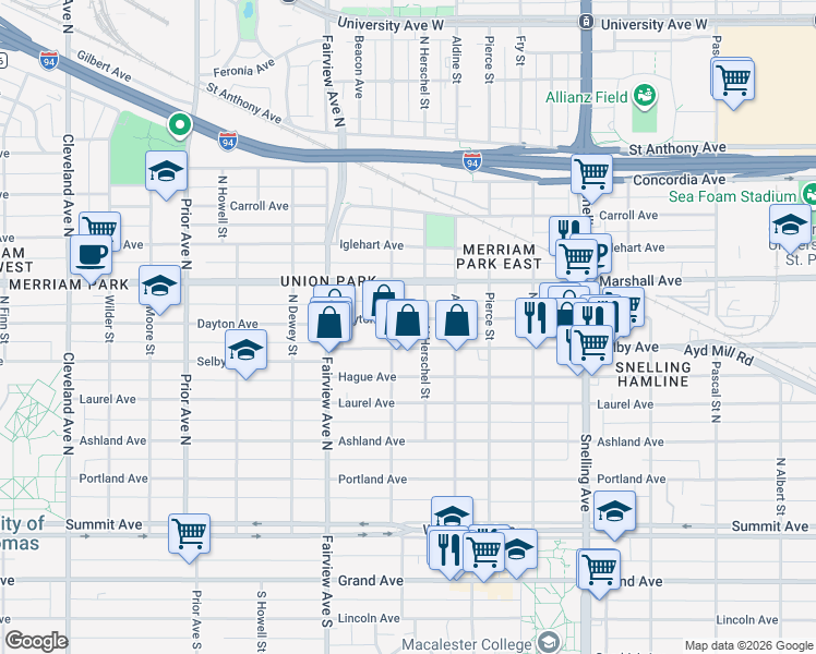 map of restaurants, bars, coffee shops, grocery stores, and more near 1743 Dayton Avenue in Saint Paul