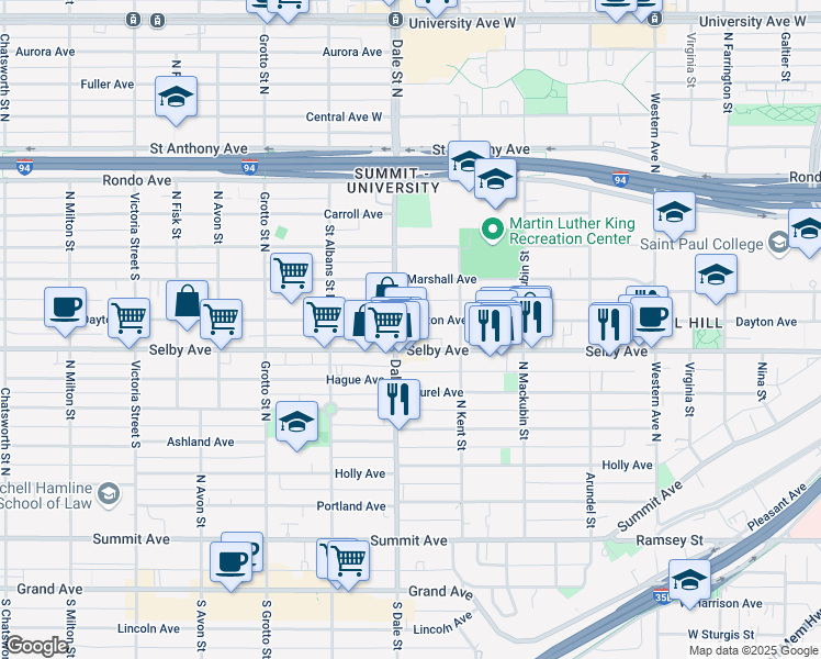 map of restaurants, bars, coffee shops, grocery stores, and more near 617 Dayton Avenue in Saint Paul
