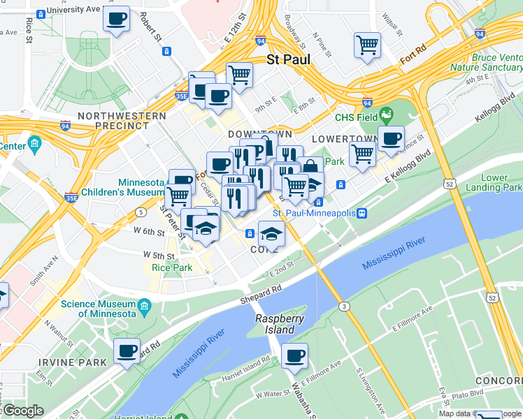 map of restaurants, bars, coffee shops, grocery stores, and more near 101 5th Street East in Saint Paul
