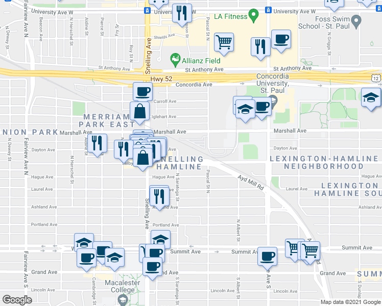 map of restaurants, bars, coffee shops, grocery stores, and more near 1501 Selby Avenue in Saint Paul