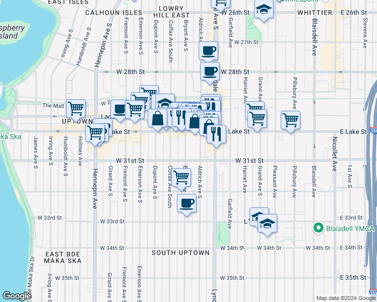 map of restaurants, bars, coffee shops, grocery stores, and more near 3035 Bryant Avenue South in Minneapolis
