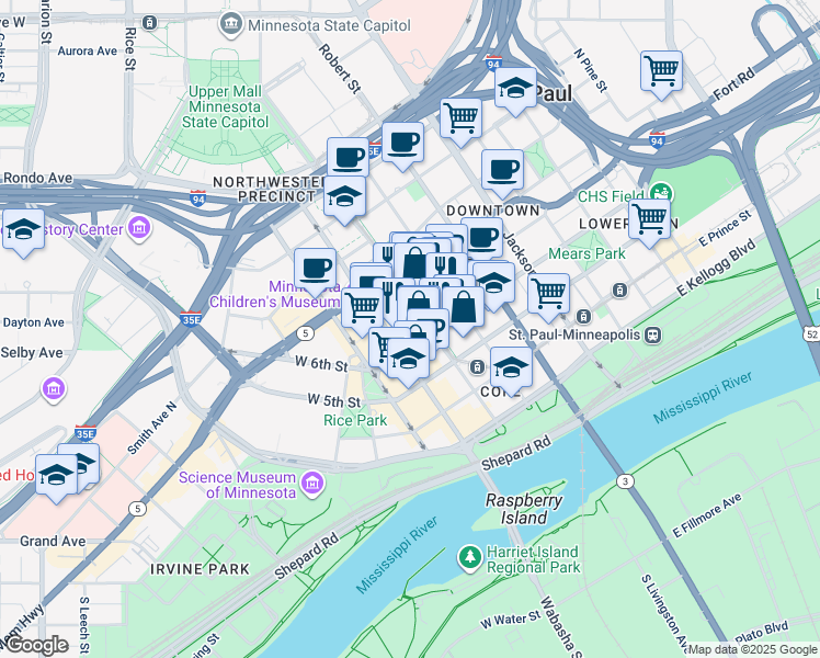 map of restaurants, bars, coffee shops, grocery stores, and more near 400 Wabasha Street North in Saint Paul