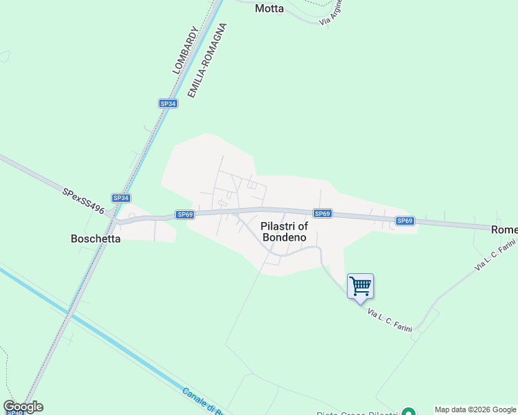 map of restaurants, bars, coffee shops, grocery stores, and more near Via Virgiliana in Pilastri