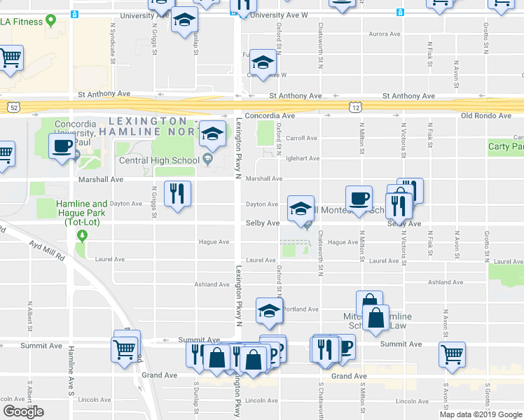 map of restaurants, bars, coffee shops, grocery stores, and more near 1077 Dayton Avenue in Saint Paul