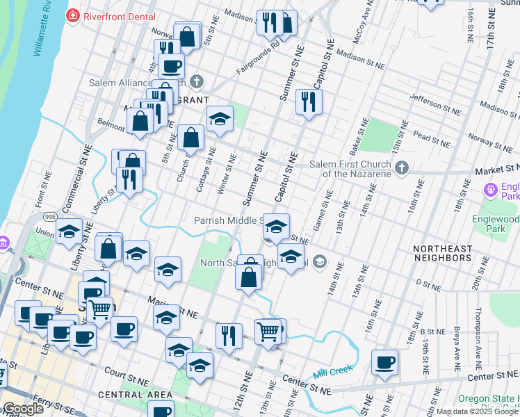 map of restaurants, bars, coffee shops, grocery stores, and more near 960 E Street Northeast in Salem