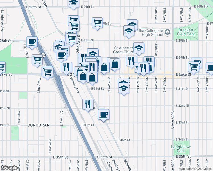 map of restaurants, bars, coffee shops, grocery stores, and more near 3030 29th Avenue South in Minneapolis