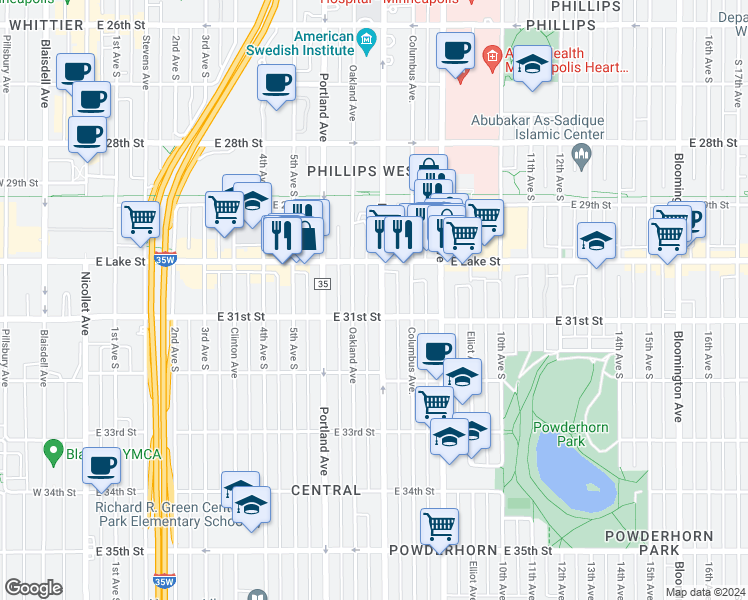 map of restaurants, bars, coffee shops, grocery stores, and more near 3032 Park Avenue in Minneapolis