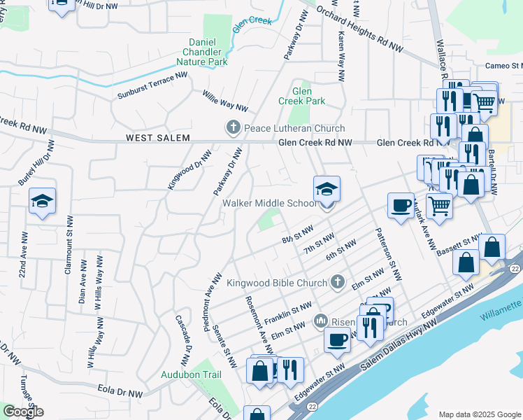 map of restaurants, bars, coffee shops, grocery stores, and more near 1033 Arthur Way Northwest in Salem