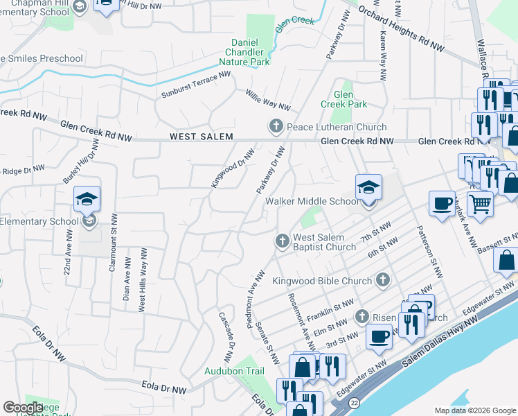 map of restaurants, bars, coffee shops, grocery stores, and more near 992 Terrace Drive Northwest in Salem