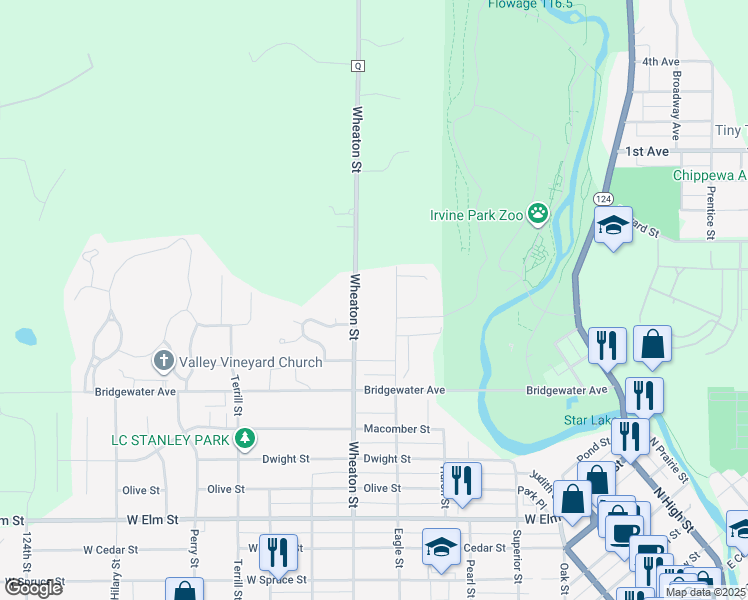 map of restaurants, bars, coffee shops, grocery stores, and more near 1697 Wheaton Street in Chippewa Falls
