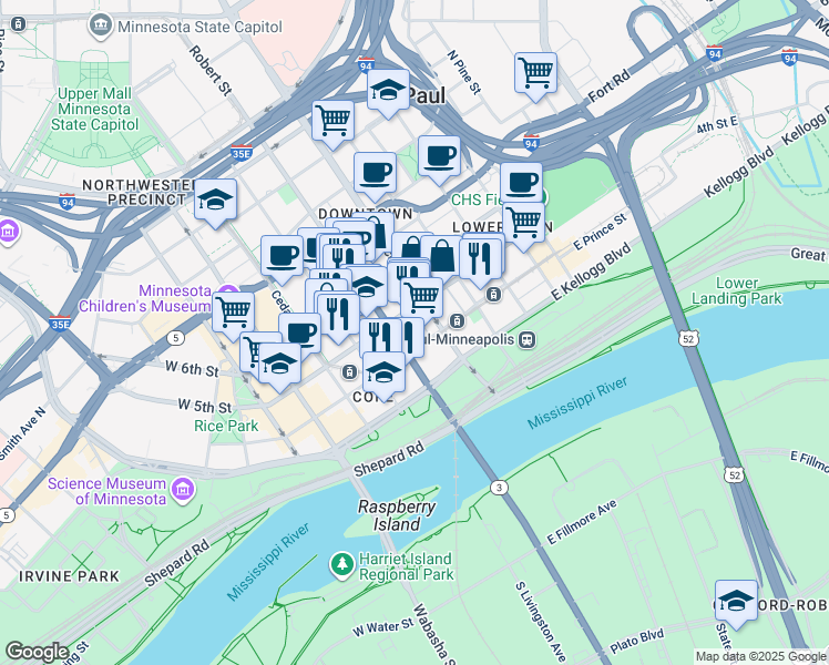 map of restaurants, bars, coffee shops, grocery stores, and more near in Saint Paul