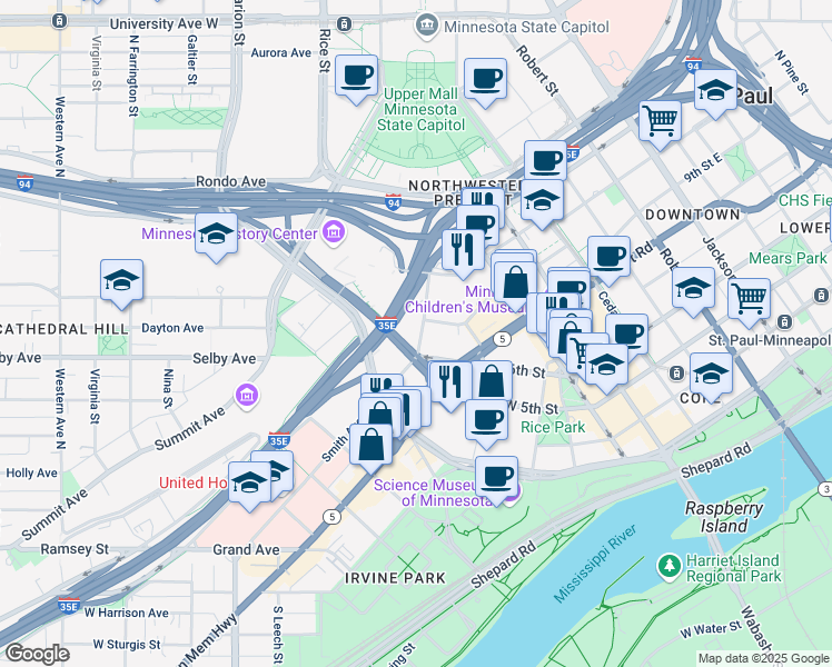 map of restaurants, bars, coffee shops, grocery stores, and more near 424 Dorothy Day Place in Saint Paul