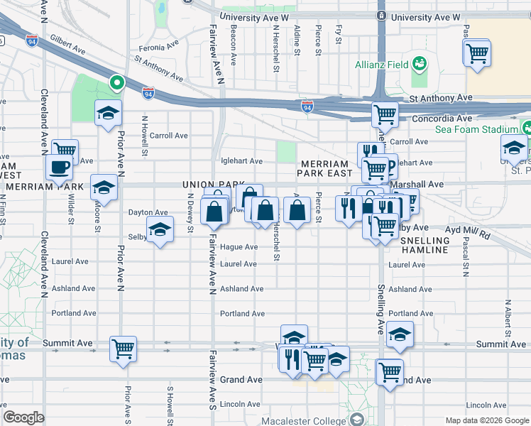 map of restaurants, bars, coffee shops, grocery stores, and more near 1743 Dayton Avenue in Saint Paul