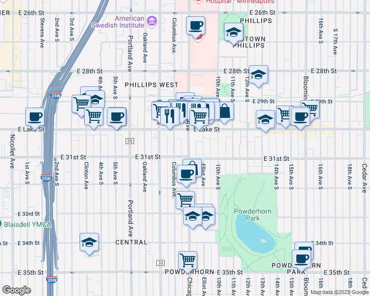 map of restaurants, bars, coffee shops, grocery stores, and more near in Minneapolis